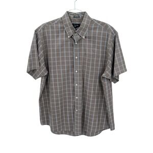 Van Heusen Shirt Mens Large Brown Plaid Short Sleeve Button‎ Up No Iron Office